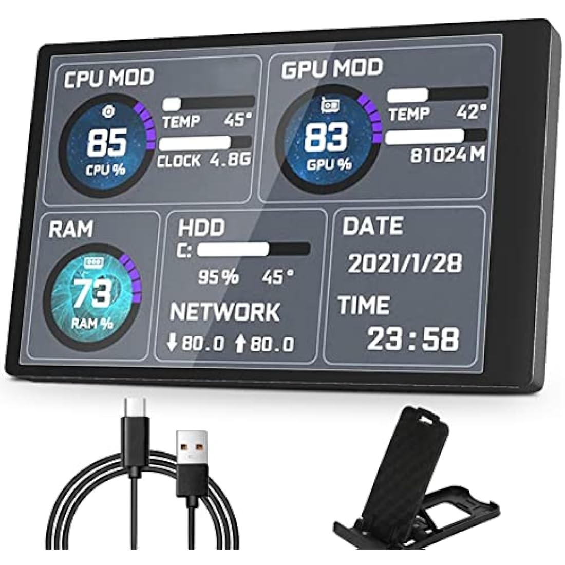 Goshyda PC CPU Data Monitor, 5in IPS USB Mini Screen Computer Sensor Panel Display Temperature Monitor for AIDA64 PC CPU RAM Data Monitor, Only Support for Windows System