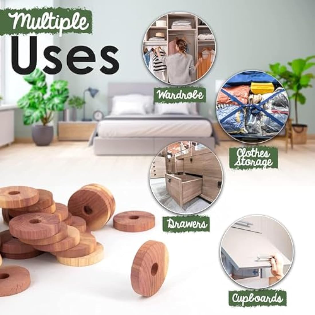 ecoKiwi Moth Repellent for Wardrobes Cedar Rings - 55 Pack - 100% Natural Cedar Balls - Anti Moth Products - Cedarwood Oil Moth Repellent for Rooms & Clothes - Moth Balls for Wardrobe with Sandpaper