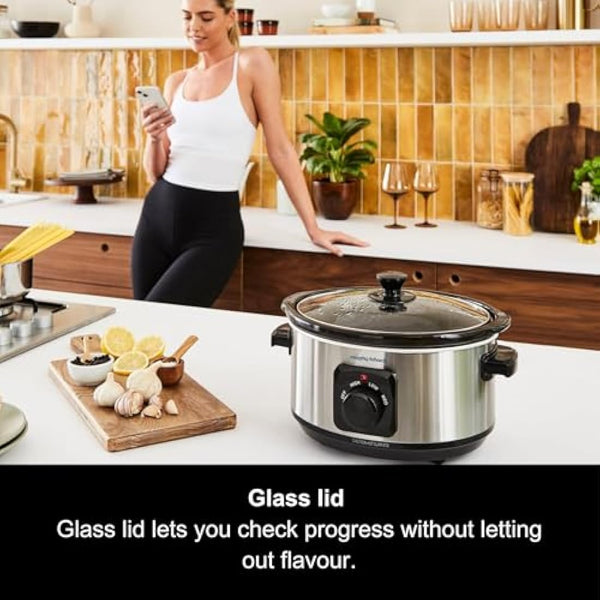 Morphy Richards 3.5L Stainless Steel Slow Cooker, 3 Heat Settings, One Pot Solution, Dishwasher Safe Ceramic Pot, 460017