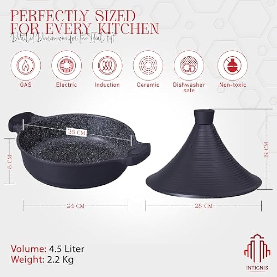 INTIGNIS® Tagine Cooking Pot | 28cm / 4.1 L | Large Casserole Dish | Nonstick Chemical Free Coating | Compatible with all Hobs | Traditional Moroccan Tender Slow Cook Tajin Pan (Black)