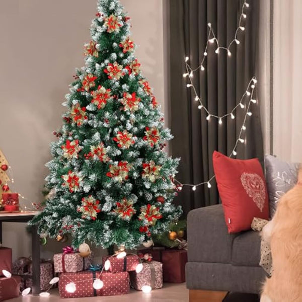 12pcs Glitter Poinsettia Christmas Tree Decorations Artificial Flowers Ornaments Stems Clips Xmas Tree Party Wreath Holiday Decor