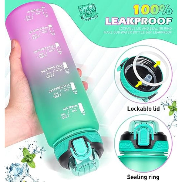 CodiCile 1L Water Bottle with Straw,Water Bottle Dishwasher Safe,Leak-proof Sports Drinks Bottle with Time Maker & Bottle Brush,Non-Toxic for Running,cycling, Gym, School & Office,Green Purple