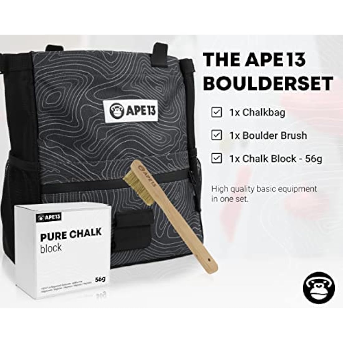 APE13® Chalkbag Boulder Set Consisting of Chalk Bag, Boulder Brush, Chalk (as Set & Single) - Perfect Bouldering Gift and Enough Space for Boulder Accessories
