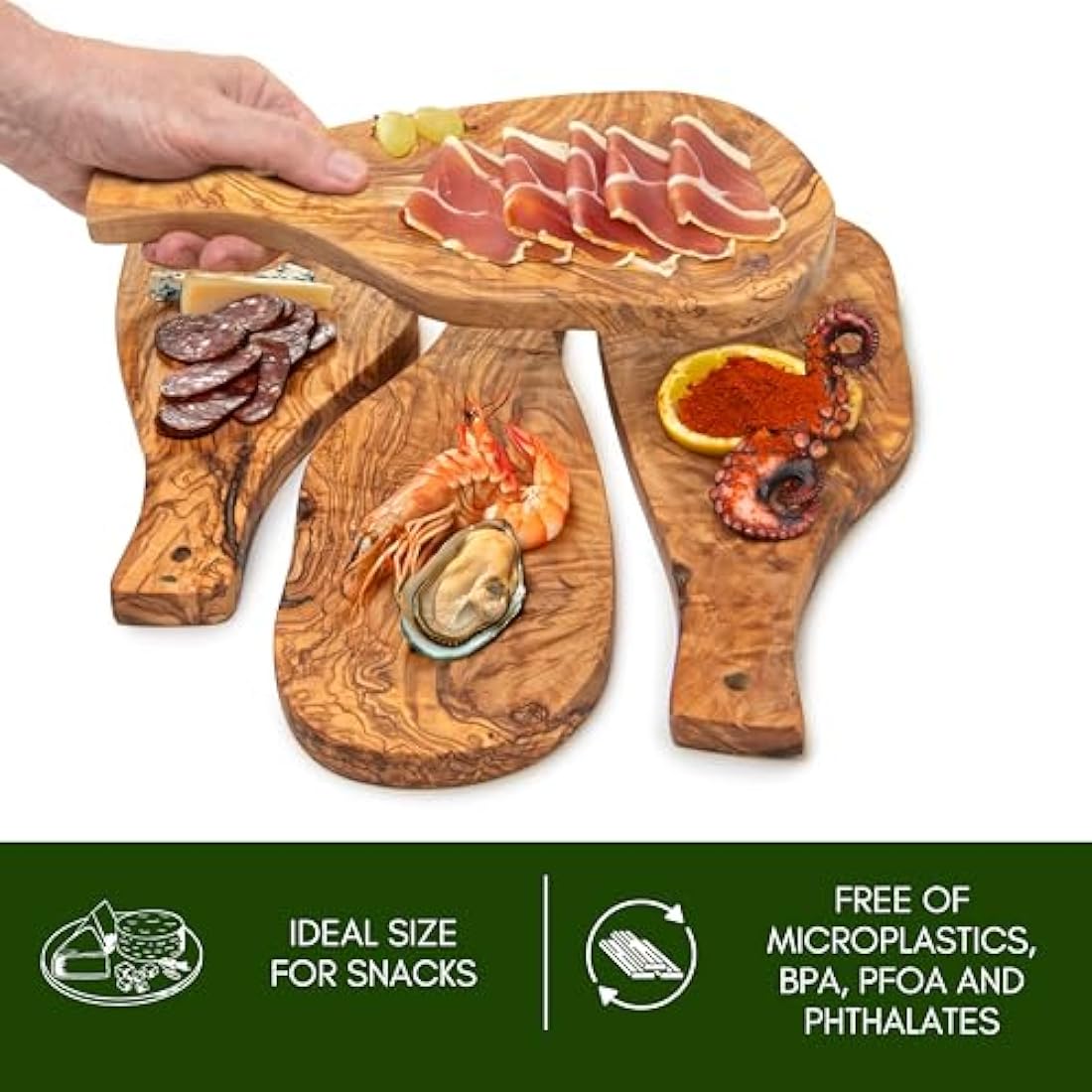 Erreke Wooden Chopping Board Set, Handmade Natural Olive Wood, Small Serving Boards, Ideal for Tapas Appetizers Cheese Ham Bread, Mediterranean Style, 28x13 cm Set of 4