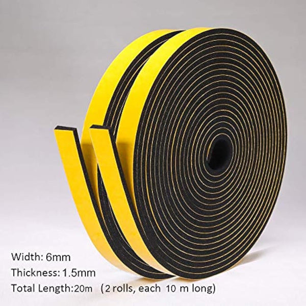 fowong Foam Rubber Seal Tape 6 mm(W) x 1.5 mm(T) Window Door Draught Excluder Air Conditioner Anti-Collision Strong Adhesive Weather Stripping Tape 2 Rolls of 10M Long Each