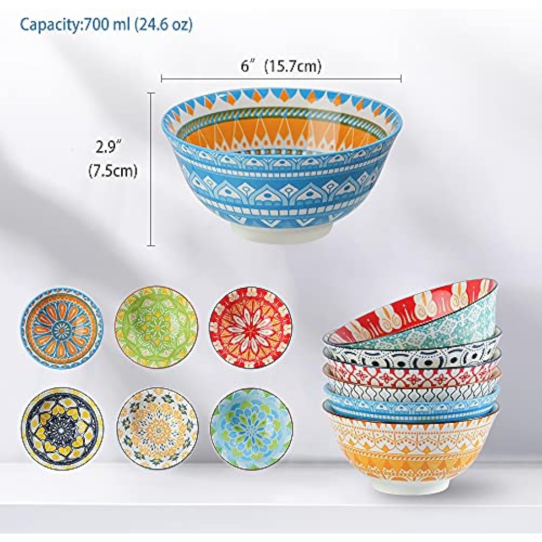 AHX Cereal Bowls Porcelain 24 oz - Salad Soup Bowl Colorful 6.25" - Deep Bowls for Serving Ramen | Noodle | Pasta | Pho | Oatmeal - Microwave and Dishwasher Safe - Set of 6