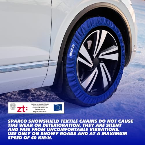 Sparco set of 2 textile snow chains for cars, easy to install, quiet and durable, approved, certified and reusable Sparco SnowShield, gloves included. (XXL)