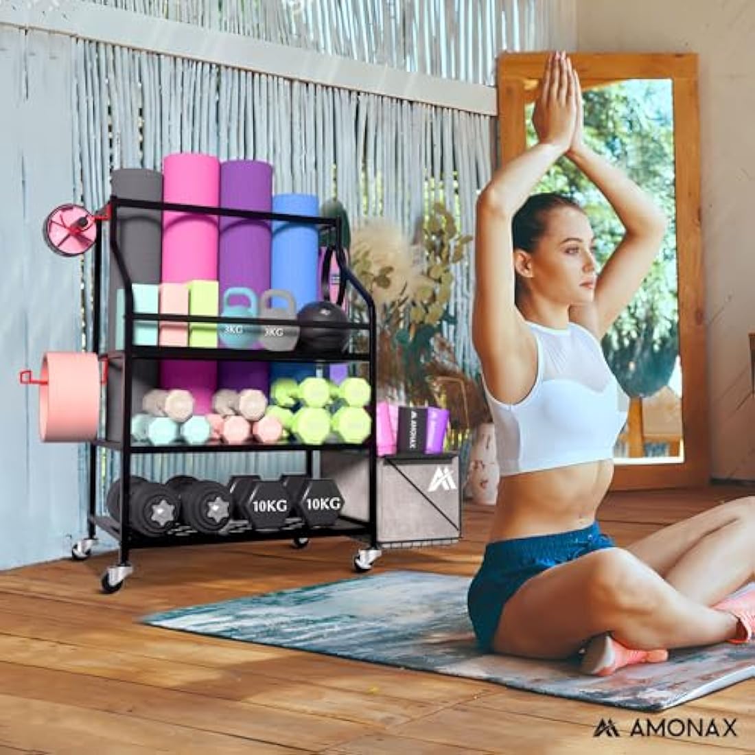 Amonax Home Gym Storage Dumbbell Rack, Weight Stand Kettlebell Rack Yoga Mat Holder Rack for Barbell Pad Resistance Band Foam Roller, Fitness Accessories Organizer Workout Equipment for Women