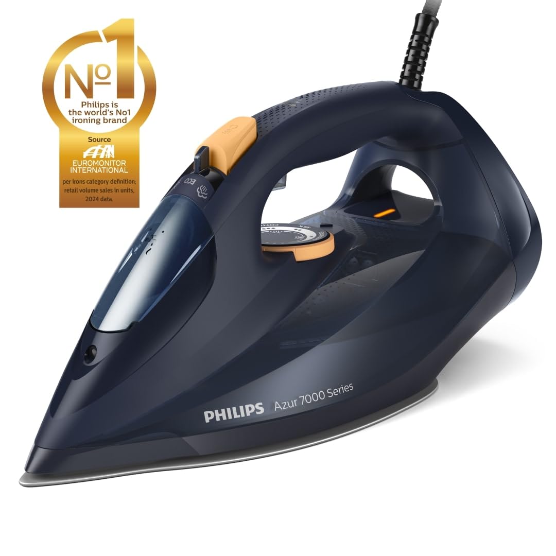 Philips 7000 Series Steam Iron, Powerful 3000W, 50g/min Steam, 250g Steam Boost, SteamGlide Elite Soleplate for Smooth Gliding, Blue/Yellow