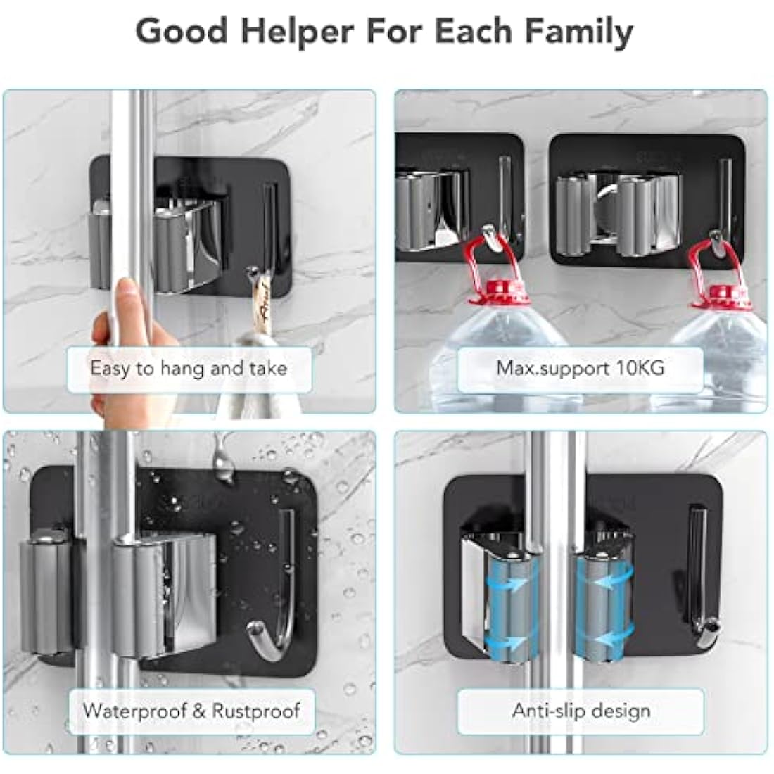 homeasy Mop Broom Holder, 4 Pcs Stainless Steel Self Adhesive Mop Holder Wall Mounted with Hooks Hanger Self-Adhesive Broom Holder for Bathroom, Kitchen, Office, Closet, Garden Garage(Black Mix)