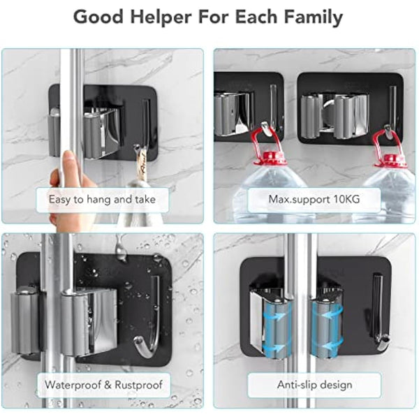 homeasy Mop Broom Holder, 4 Pcs Stainless Steel Self Adhesive Mop Holder Wall Mounted with Hooks Hanger Self-Adhesive Broom Holder for Bathroom, Kitchen, Office, Closet, Garden Garage(Black Mix)