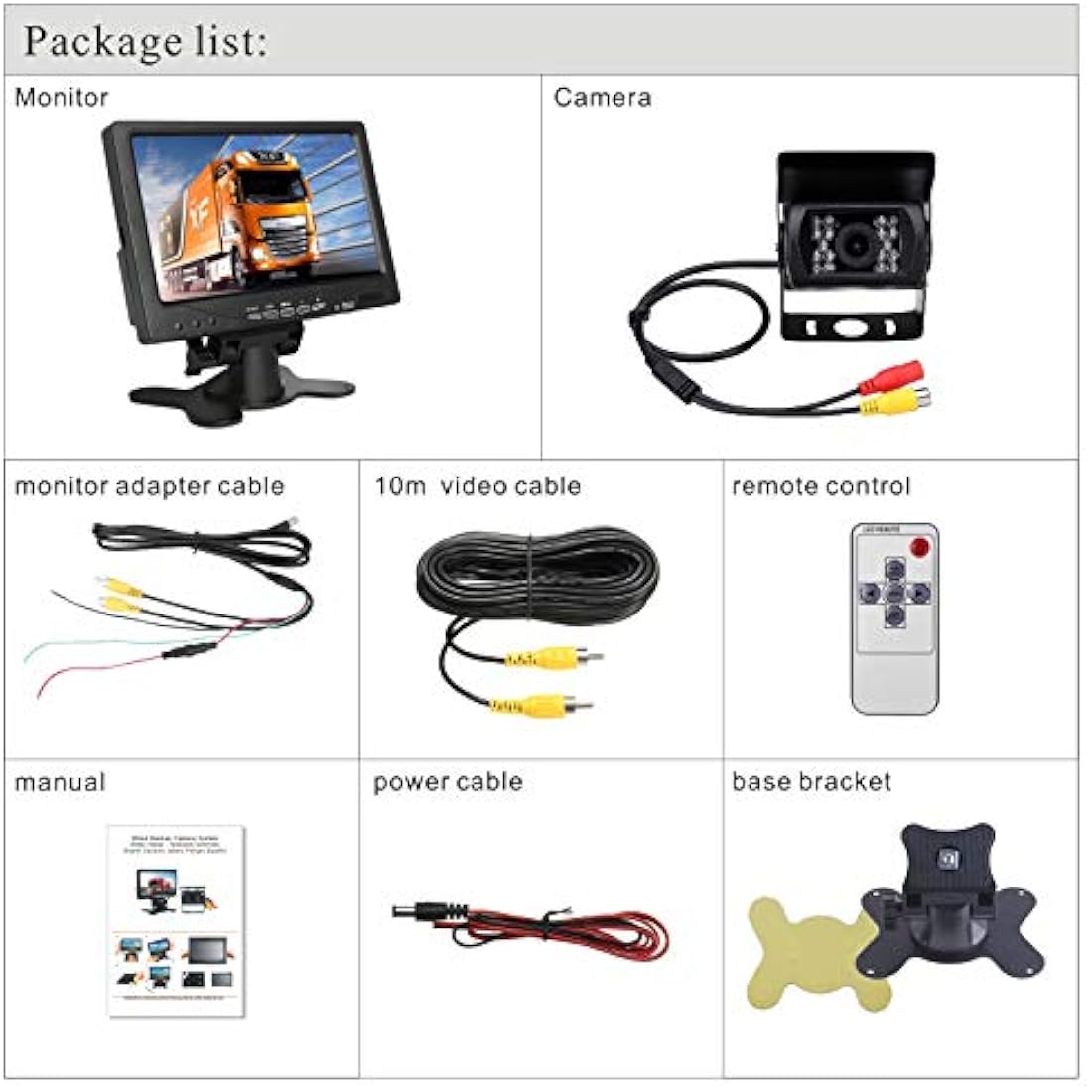 Reversing Camera Kit, 18LEDs IR Night Vision Waterproof Rear View Reversing Backup Camera with 10M Cable +12V-24V 7" Car TFT LCD Screen HD Monitor for Large Truck/Bus/RV/Trailer/Tractor/camper