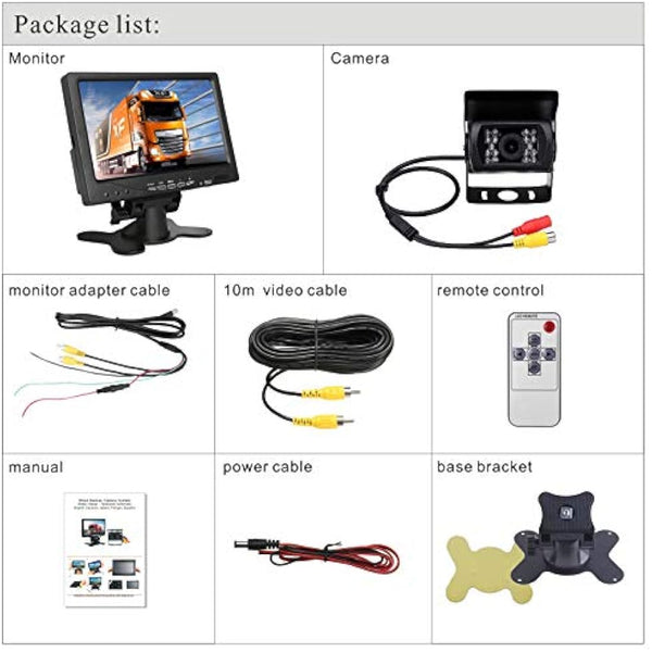 Reversing Camera Kit, 18LEDs IR Night Vision Waterproof Rear View Reversing Backup Camera with 10M Cable +12V-24V 7" Car TFT LCD Screen HD Monitor for Large Truck/Bus/RV/Trailer/Tractor/camper