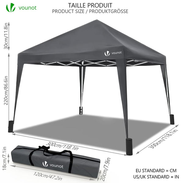 VOUNOT 3m x 3m Pop Up Gazebo with Sides & 4 Weight Bags & Carry Bag, Marquee Garden Party Tent Outdoor, Grey