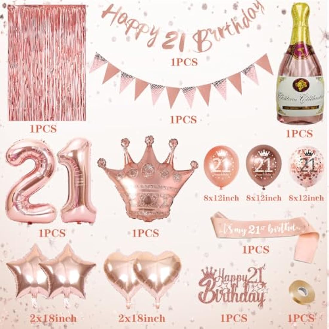 21st Birthday Decorations For Her, Rose Gold Birthday Decoration, Birthday Party Decorations Set With Rose Gold Balloons, Happy Birthday Banner, Champagne Balloon，Triangle Flag Banner