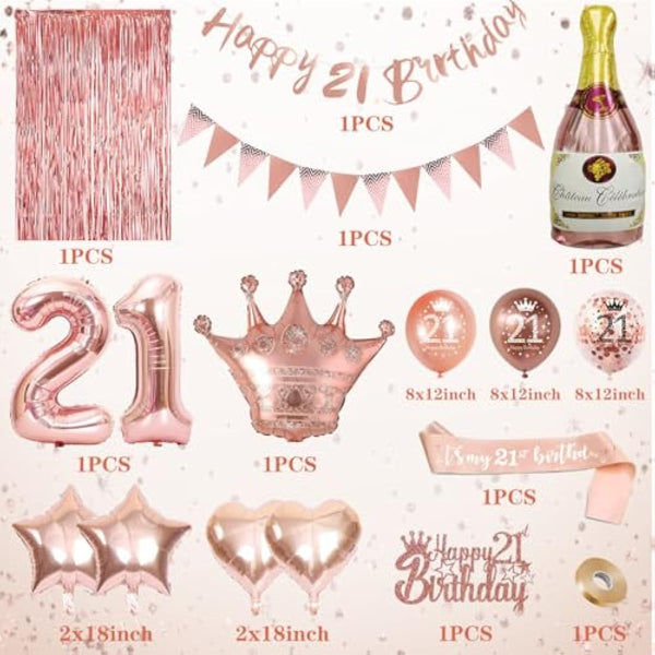 21st Birthday Decorations For Her, Rose Gold Birthday Decoration, Birthday Party Decorations Set With Rose Gold Balloons, Happy Birthday Banner, Champagne Balloon，Triangle Flag Banner