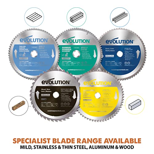 Evolution Power Tools R255TBLX+ Table Saw With Stand (Next Gen Rage 5-S) Multi-Material Cutting Blade Included Cuts Wood Metal Plastic, 45˚ Bevel, +/- 60˚ Mitre Angle, 85mm Cut Depth, 1800w Motor 240v