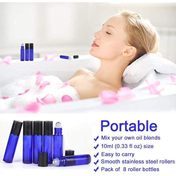 Alledomain 8Pcs 10ml Essential Oils Roller Bottles, Refillable Cobalt Blue Glass Roll on Bottles with Stainless Steel Balls, Include 12 Labels, 1 Dropper & Opener, Perfect for Aromatherapy