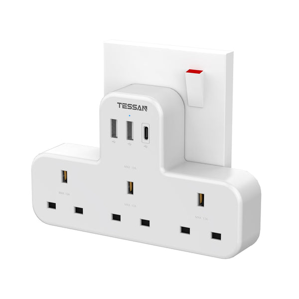 Plug Adapter, TESSAN Plug Extension Socket with 3 USB, 3 Way UK Multi Outlets Extender, Wall Charger for School Home, Kitchen, Office, School Supplies