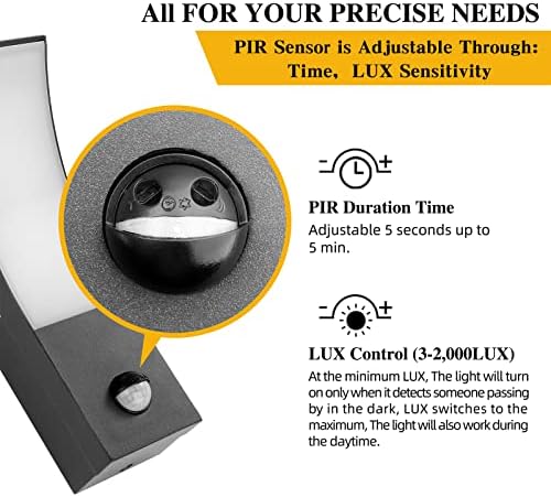 HLFVLITE Outdoor Wall Light with Motion Sensor - PIR LED Exterior Light, IP54 Waterproof, Aluminum Outside Wall lamp for Patio, Terrace, Hallway, Garage, and Porch - 3000K, 1000LM, Black