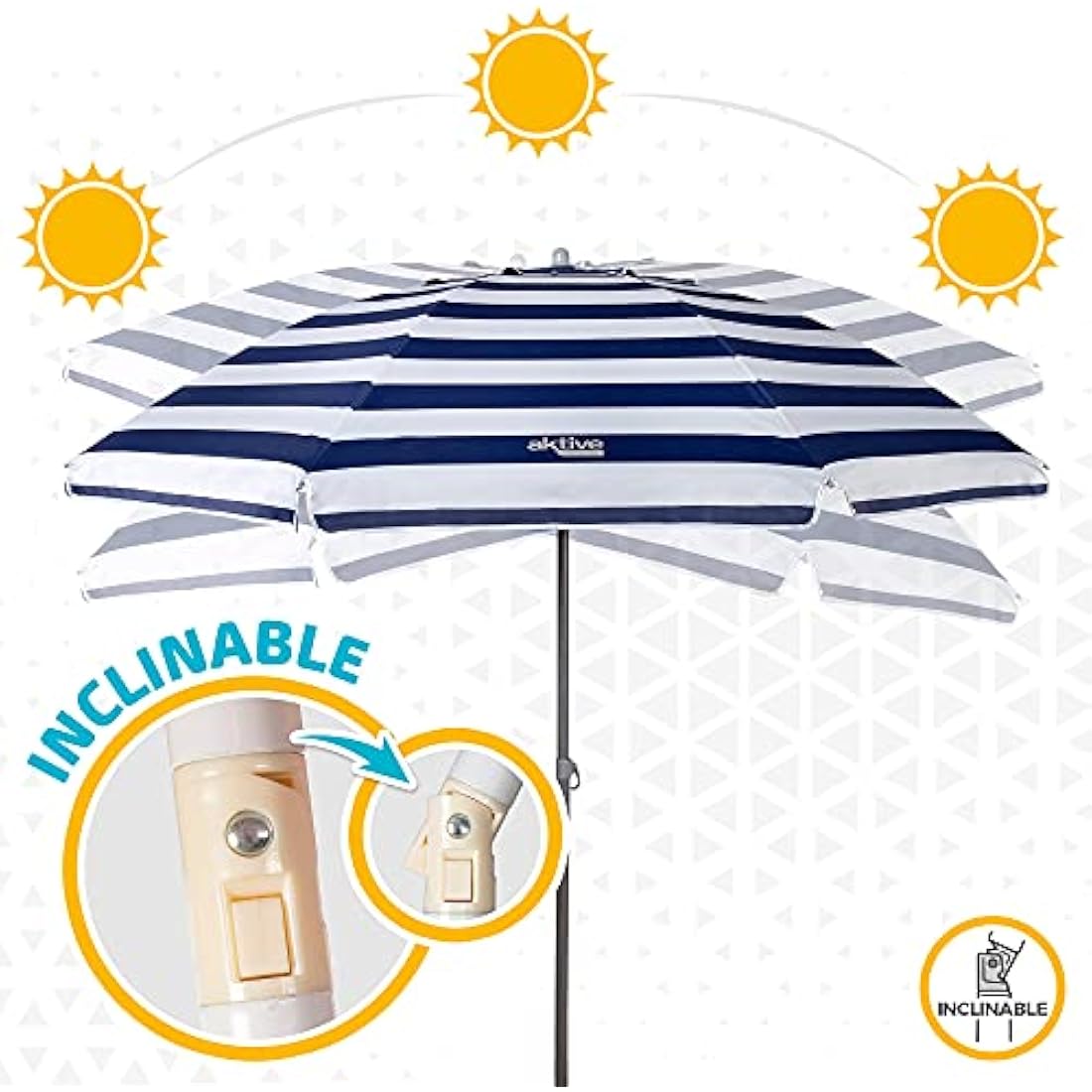 AKTIVE 62225 Beach Umbrella 220 cm Windproof Sun Shade Roof Ventilation Pole 28-32 mm UV 50 Protection Marine Stripe Design Includes Storage Bag
