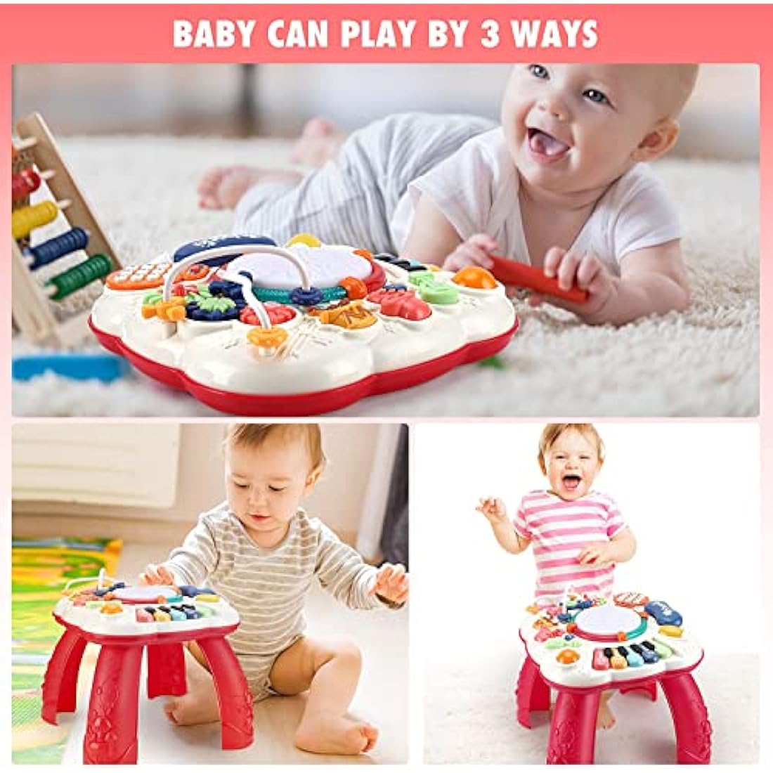 Innoocool Baby Activity Table Sensory Toys, Birthday Gift Music Learning Table for 0-6 Months 1 2 3 Year Old Boys and Girls, Early Education Music Table with Light and Sound 30×30×29cm, Red