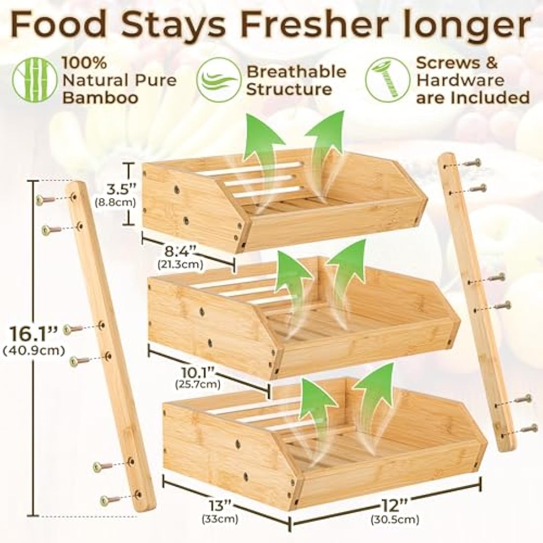 Golden Nature - Fruit Basket - 3-Tier Bamboo Fruit & Vegetable Storage Organiser for Kitchen Counter - Lightweight & Easy Assembly Countertop Fruit Stand Holder Bowl w/Included Screws