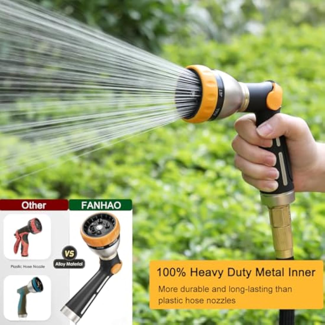FANHAO Hose Pipe Spray Gun, 100% Heavy Duty Metal Hose Spray Gun with Thumb Control, High Pressure Hose Nozzle with 8 Adjustable Spray Patterns for Watering Plants, Washing Cars and Showering Pets