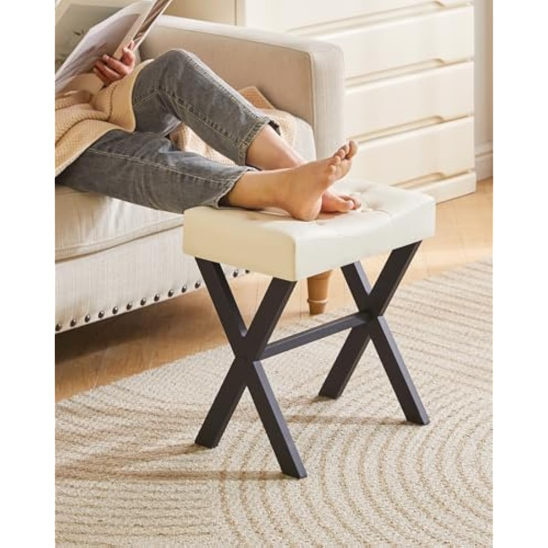 IBUYKE U-shaped PU Vanity Stool, Square Makeup Stool with X-Leg, Ottoman Seat Footrest Stool, Multi-Use as Small Side Table, for Bedroom, Living Room, White WBD019W