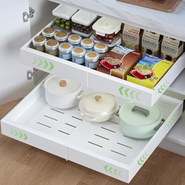 HumiLuft 2PCS Pull Out Cabinet Organiser, 32-52cm Extendable Slide Out Kitchen Drawer Adhesive,Upgrade 3-Rails Slide Drawers Storage Shelves with Rail System for Kitchen Base Cabinet Organization