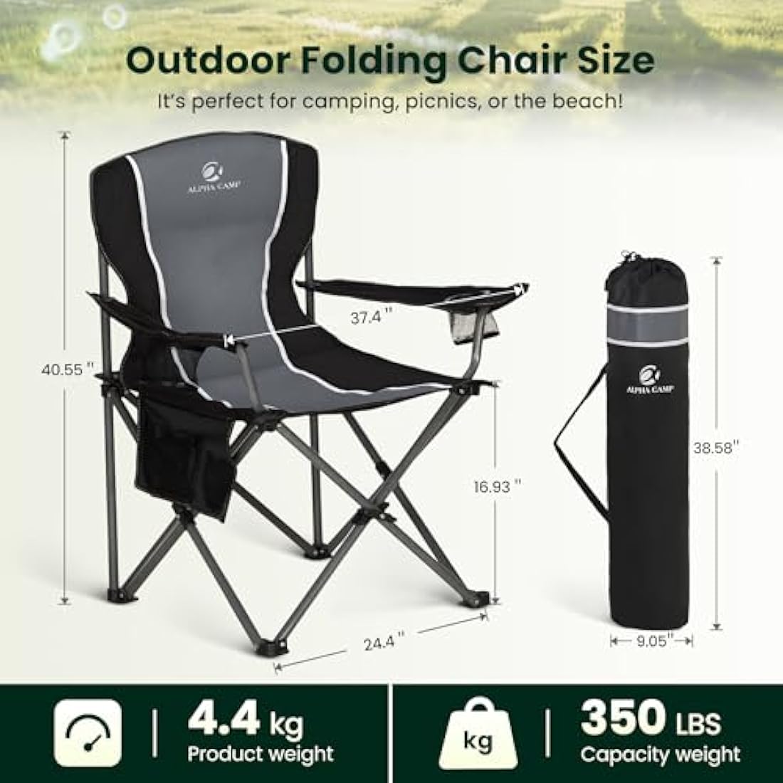 ALPHA CAMP Set of 2 Camping Chairs for Adults Folding Chair Outdoor with Cup Holder Heavy Duty Camping Chairs with High Back Up to 160kg, Lightweight And Portable
