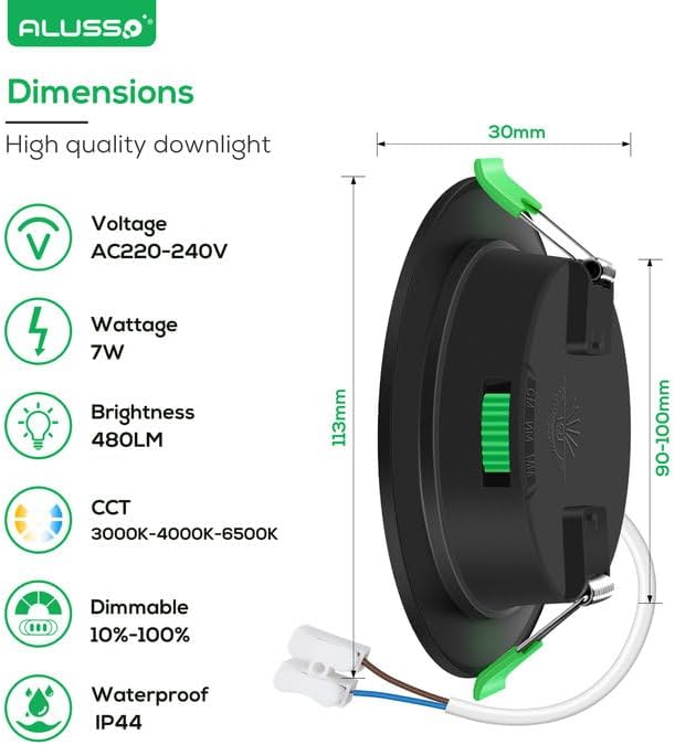 ALUSSO LED Recessed Ceiling Lights, 7W 480LM LED Downlights Dimmable, 30MM Ultra Slim Round Black Spotlights, Warm White/Neutral White/Cool White Adjustable, IP44 Waterproof for Bathroom, 6 Pack