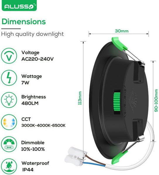 ALUSSO LED Recessed Ceiling Lights, 7W 480LM LED Downlights Dimmable, 30MM Ultra Slim Round Black Spotlights, Warm White/Neutral White/Cool White Adjustable, IP44 Waterproof for Bathroom, 6 Pack