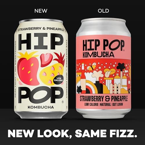 Hip Pop Kombucha, Strawberry & Pineapple, Low Calorie, 100% Natural, Vegan, Branding of Cans May Vary, 24 x 330 ml