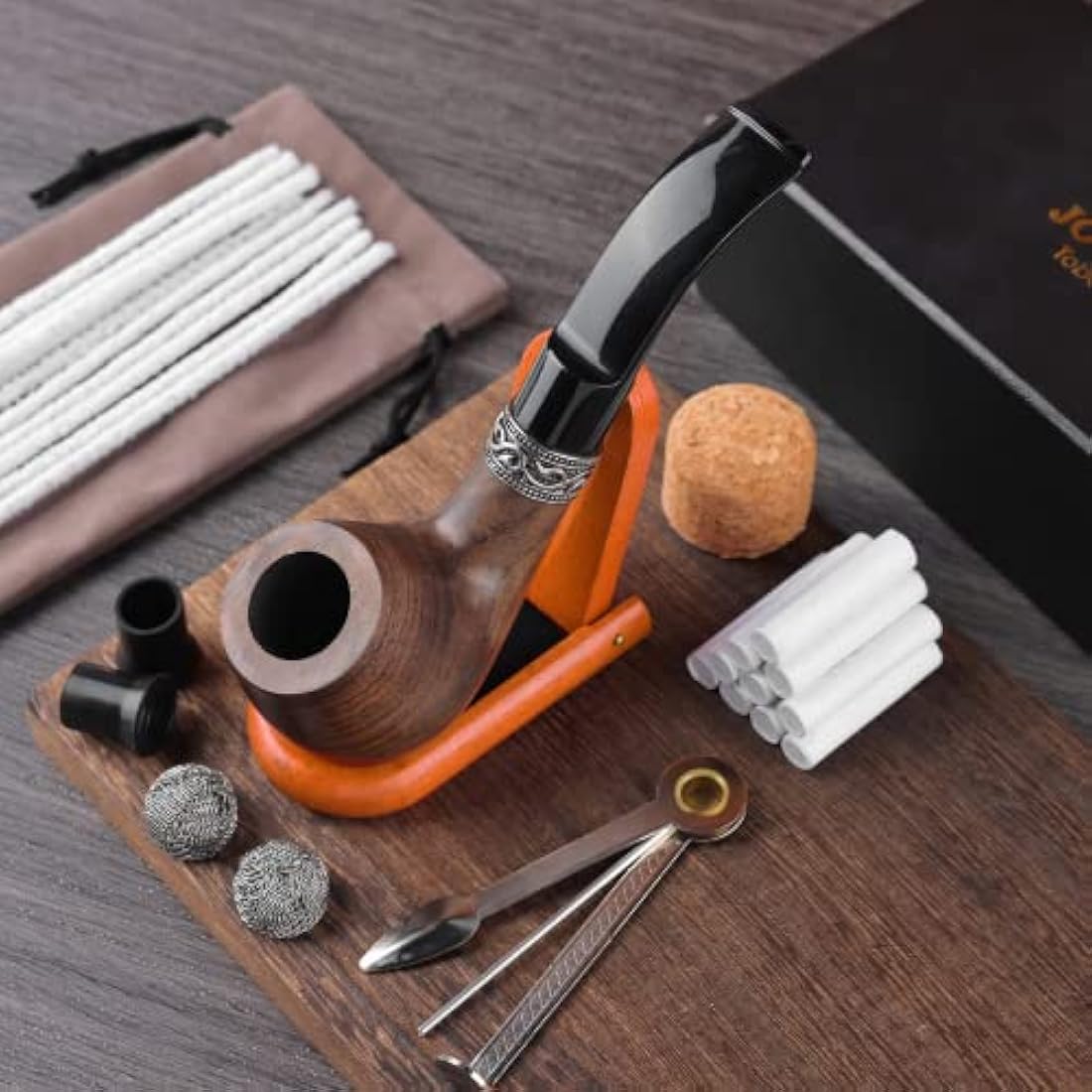 Joyoldelf Smoking Pipes, Vintage Ebony Smoking Pipe with Pipe Stand, 3-in-1 Pipe Scraper, 9mm Pipe Filters, Other Smoking Accessories