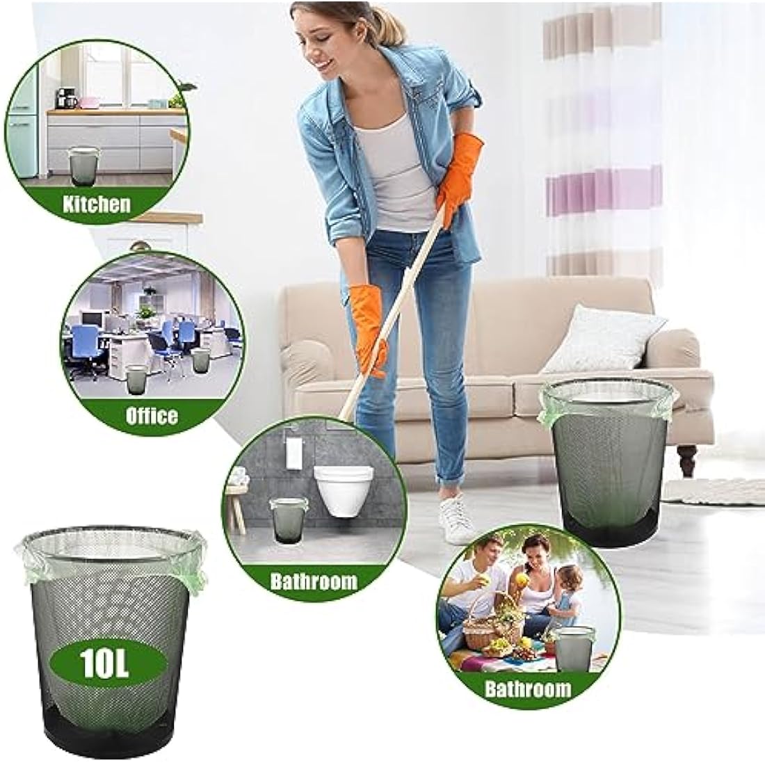 100 x 10 Liter Green Bin Bags, 18.9 * 23.2in Portable Food Waste Bag Small Kitchen Bin Liners Food Caddy Bag with Handle for Office Bathroom Kitchen Garbage