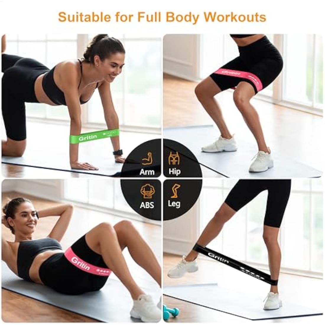 Gritin Resistance Bands, Set of 5 Skin-Friendly Resistance Fitness Exercise Loop Bands with 5 Different Strength Levels - Carrying Case Included - Ideal for Home, Gym, Yoga, Training