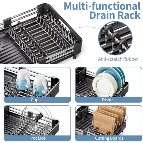 KINGRACK Extendable Dish Drainer Rack, Stainless Steel, Foldable Dish Rack with Removable Cutlery Holder and Anti-Scratch Holder, Adjustable Draining Board Rack with Drainage Spout, Black