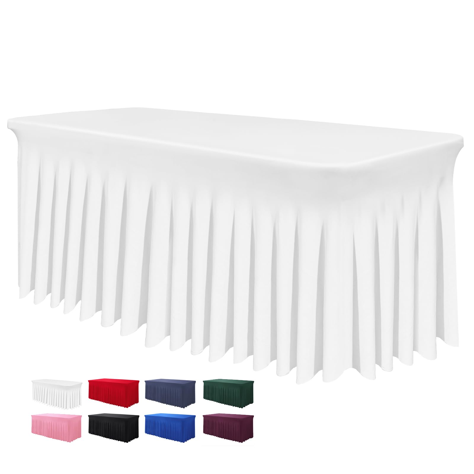 BDDC Rectangle Table Skirts - 8ft One Piece White Table Cover with Wrinkle Resistant Ruffles for Banquets, Weddings & Parties