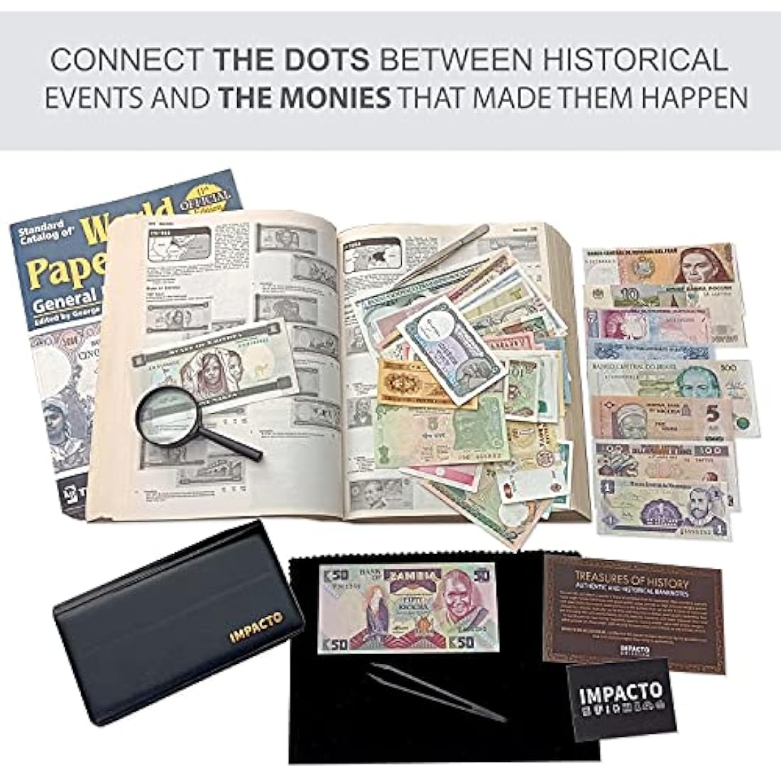 IMPACTO COLECCIONABLES World Currency Collection – 50 Uncirculated Banknotes from 50 Countries, No Duplications, with Certificate of Authenticity – Old Paper Money for Collectors, Schools, & Museums