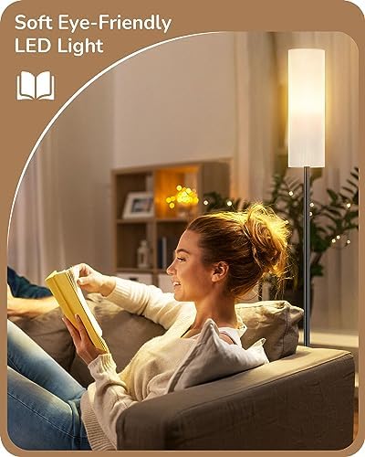 EDISHINE Floor Lamp, Standing Lamp with Wrinkled Linen Lampshade, Floor Lamps for Living Room, Bedroom, 165cm, E27 Socket(9W LED Dimmable Bulb Included), Magnetic Remote Control, Black