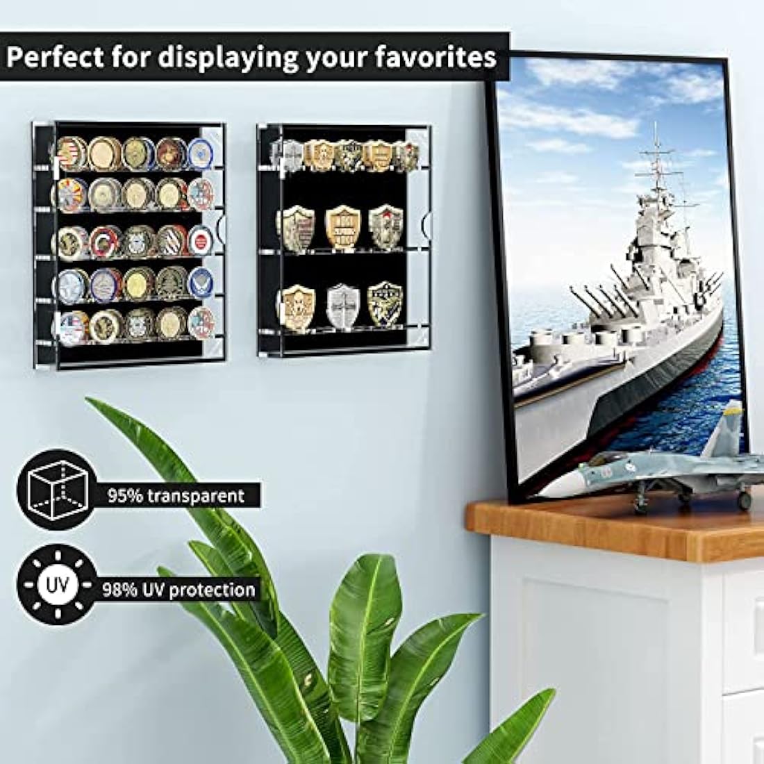 Challenge Coin Wall Display Case, Acrylic Military Challenge Coin Holder with Removable Shelves and Magnetic Door,Coin Box fits 45 Military Medals Poker Chip