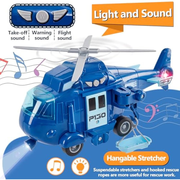 HERSITY Rescue Helicopter Toy Blue Police Plane with Light and Sound Push and Go Airplane Gifts for Kids Toddlers 3 4 5 Years Old