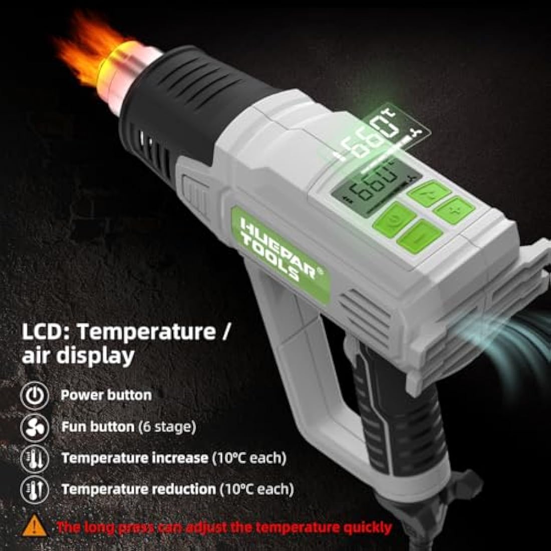 Heat Gun, Huepar Tools 2300W Professional Hot Air Gun 50℃-660℃ with Large Digital LCD Display Industrial Hot Air Gun Kit Variable Temp. Control, with 10 Accessories and Carry Case, Gift for Women, Men