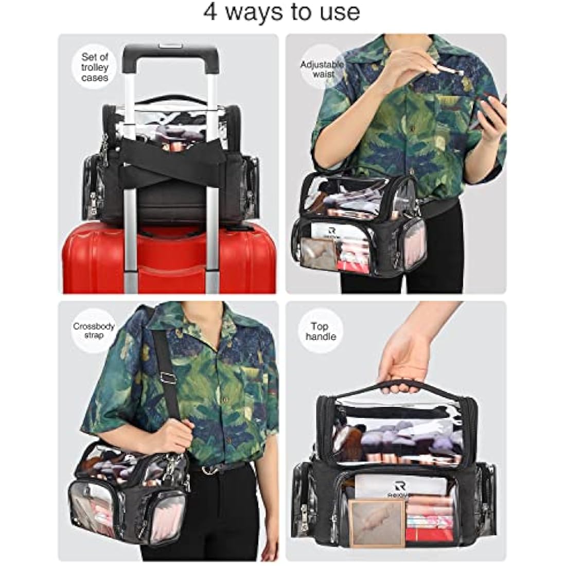 Relavel Makeup Brush Case, Large Makeup Brush Holder Professional Makeup Artist Travel Case Clear Waterproof Cosmetic Organizer Bag, Full Open Easy to Access, with Adjustable Strap and Dividers