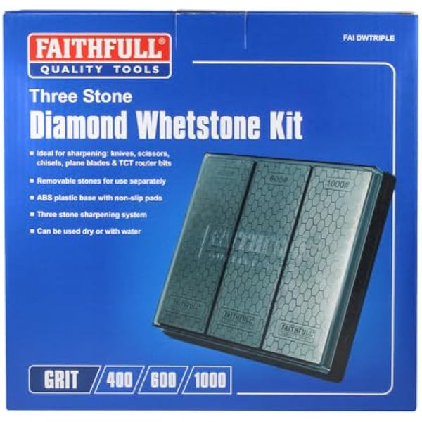 Faithfull Diamond Whetstone Sharpening Kit. 3 Stones: 400G Coarse, 600G Medium And 1000G Fine Includes Non Slip Base Unit