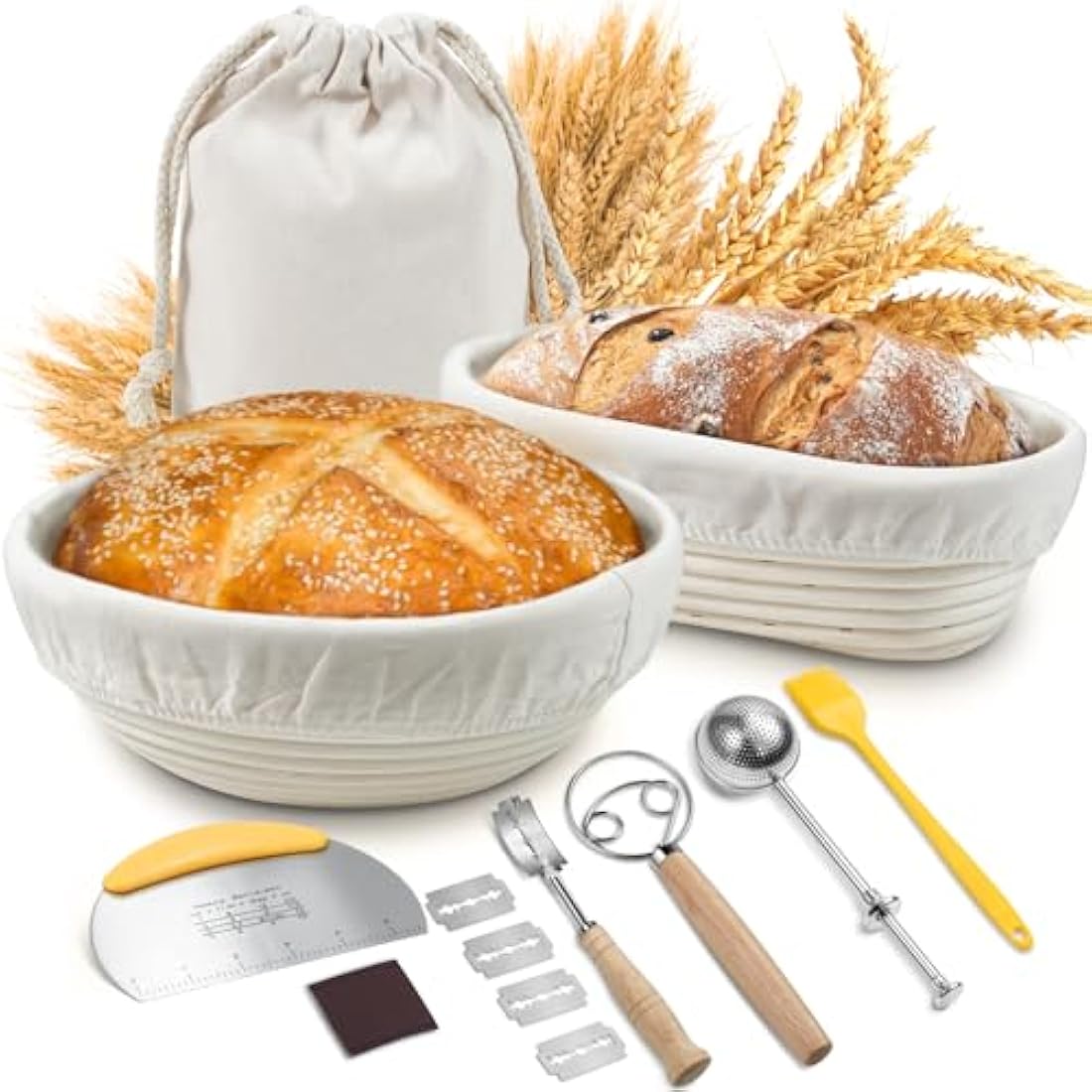 Sopito Sourdough Starter Kit, 9" Round & 10" Oval Banneton Proofing Basket Set with Bread Lame, Dough Whisk, Cloth Liners & Storage Bag, Bakery-Grade Sourdough Prooving Basket