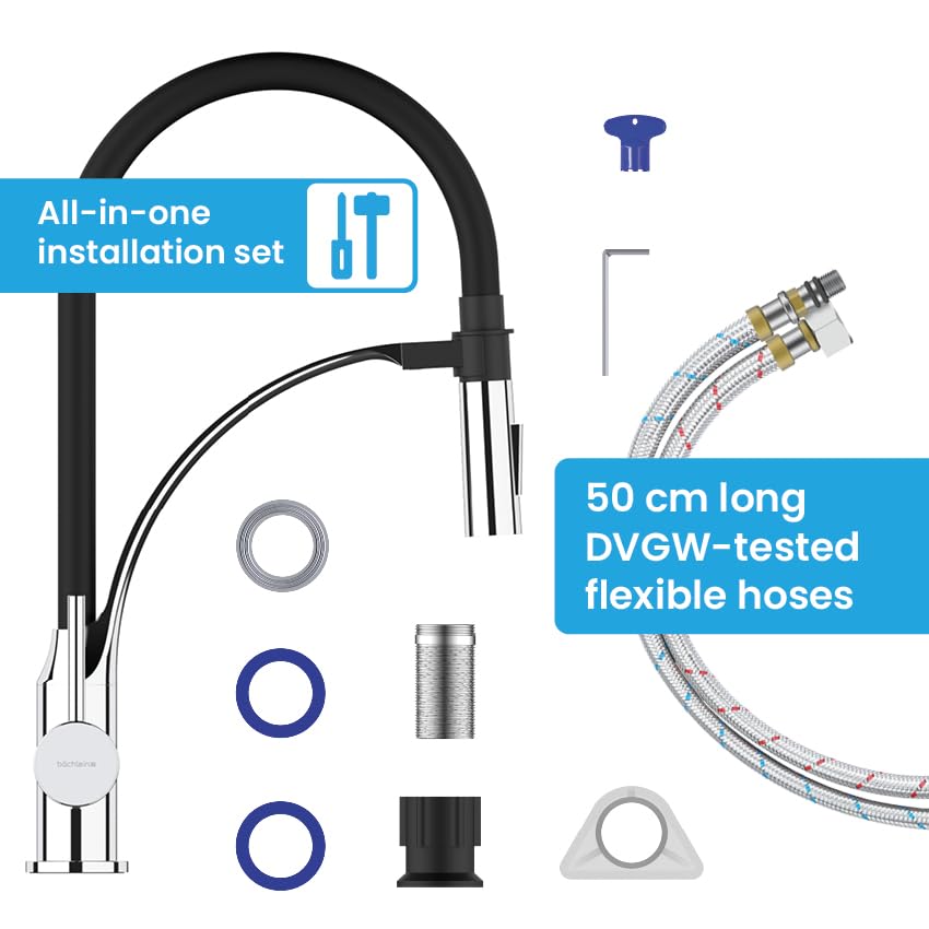 Bächlein Kitchen Faucet 360 Degree Swivel (Brushed Stainless Steel) - One-Hand Sink Mixer with Flexible Neck and Shower with Switch Button, Kitchen Faucet with Magnetic Holder