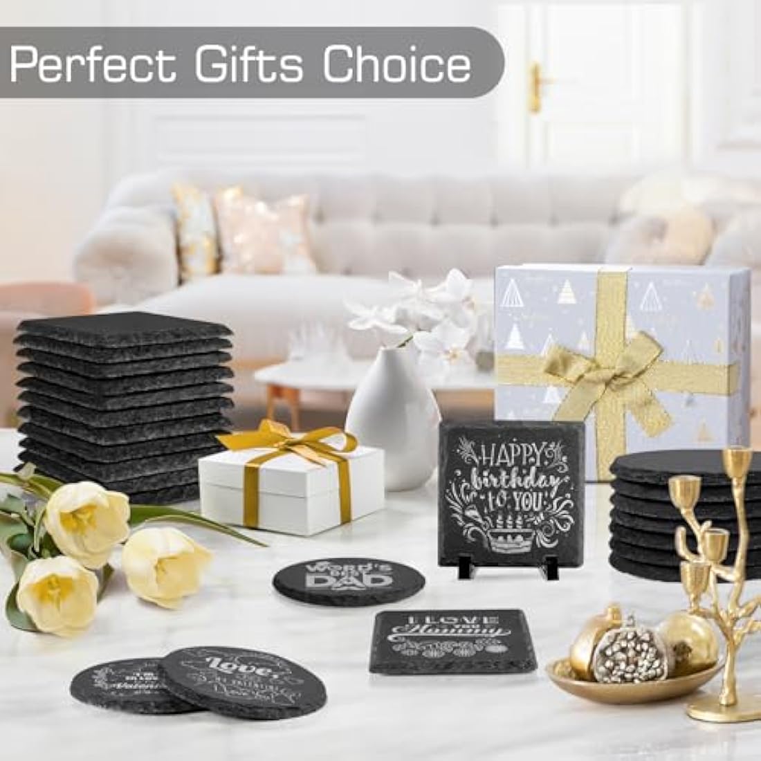 60 PCS Slate Coasters, WEWINK PLUS 4 Inch 30 PCS Round Blank Black Drink Coasters, 30 PCS Square Stone Coasters Bulk Rustic for Laser Engraving, Coffee Table, Home Decor, Bar, Gifts