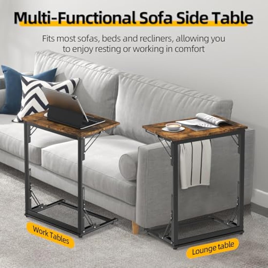 MOXYOY C-Shaped Side Table,Foldable Laptop Table,Sturdy Steel Frame Base Support,Easy to Assemble,Suitable for Living Room,Bedroom,Bathroom,Balcony